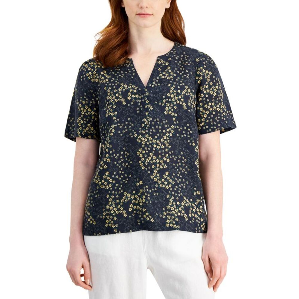 Charter Club Linen Floral-Print Split-Neck Top